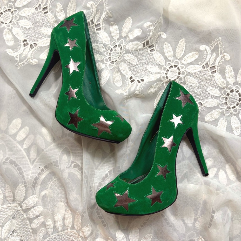 Y2K Club Baddie Green Faux Suede Star Platform Pumps Heels Womens 9 Silver Stars